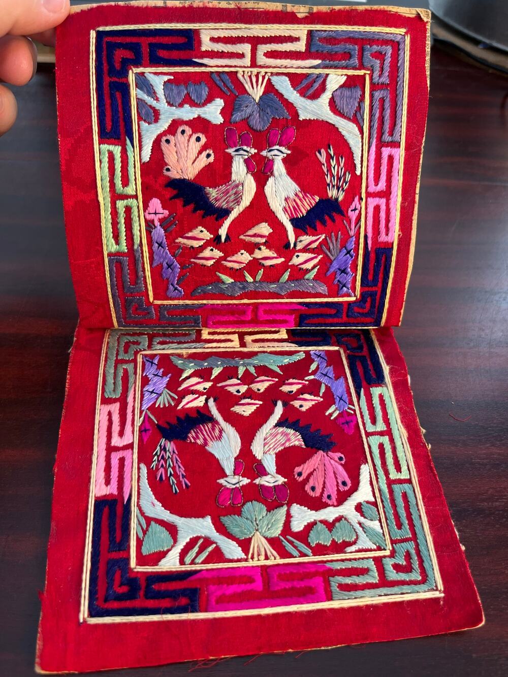 Rare VTG Asian Embroidered Textile Panels 5.5" Square Mandarin Ducks Dowry